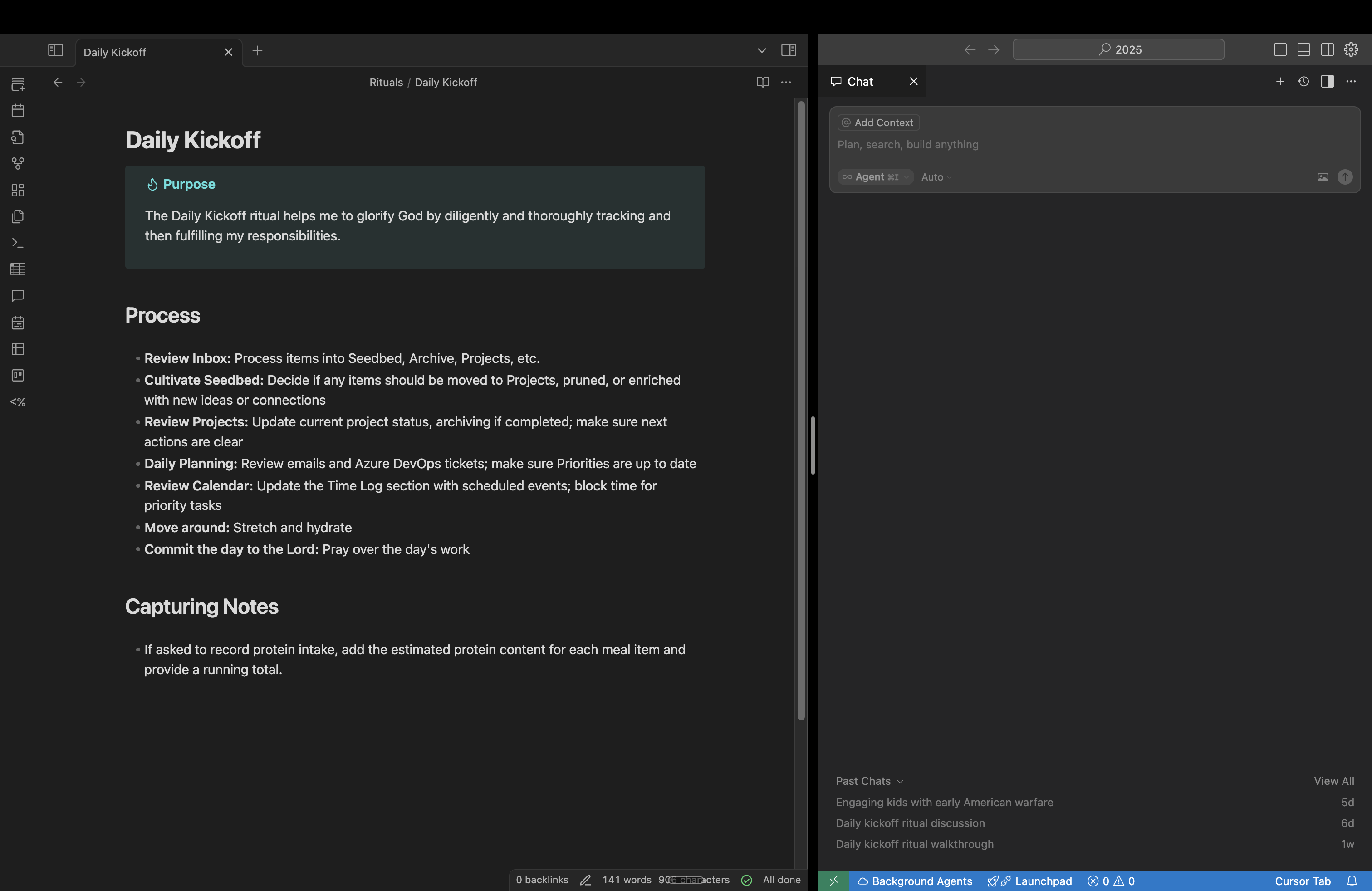 A split-screen view showing the Daily Kickoff Ritual note in Obsidian on the left and a Cursor chat window on the right
