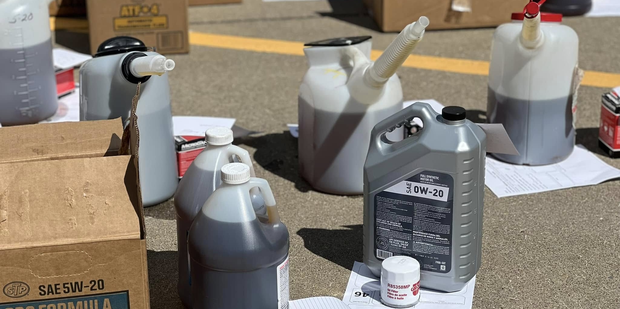 Oil and filters set out in preparation for an oil change